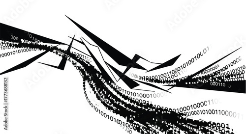 Abstract digital stream of binary code flowing through sharp geometric shapes