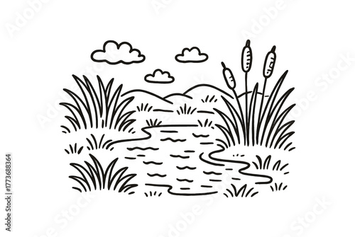 handdrawn cute doodle style wet prairie vector line illustration