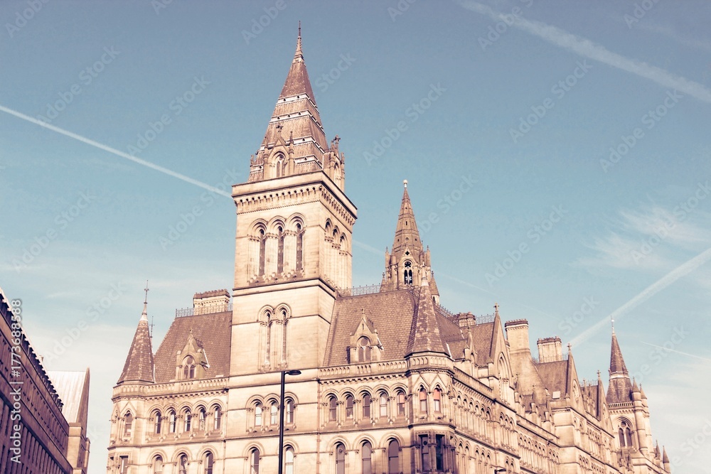 Fototapeta premium Manchester, UK - City Hall building. Retro filtered color tone.