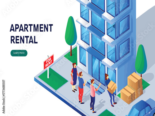 Urban Apartment Rental Isometric Illustration People Moving into a Modern Residential Building