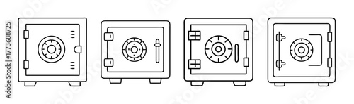 Doodle line icons set of four safe deposit security box designs
