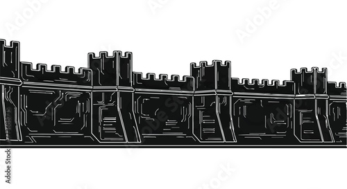 Imposing black castle wall with crenellated battlements against a white background