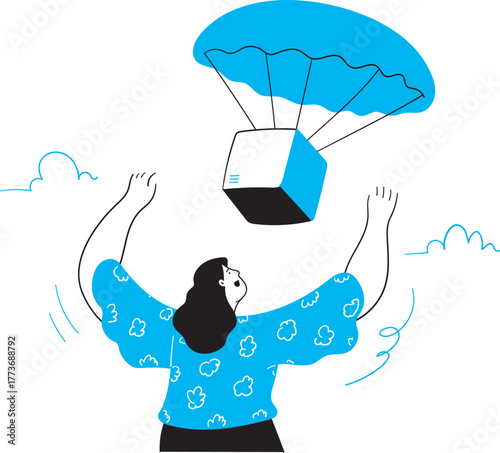 Hot air balloon delivering parcel box, creative air delivery concept, aerial logistics and transportation illustration