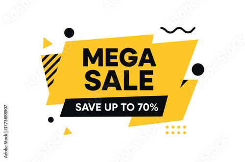 Mega sale save up to 70 percent banner with geometric shapes. Bold promotion label, modern design. Flat vector illustration.
