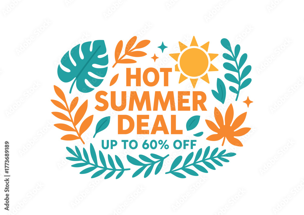 Obraz premium Hot summer deal up to 60 percent off banner with tropical leaves and sun. Seasonal sale, exotic design. Flat vector illustration.