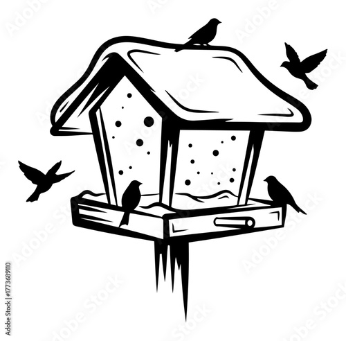 Vector bird feeder in winter — wooden house with small birds feeding snowy season illustration