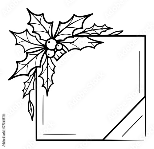 Vector holly corner frame — festive Christmas border with mistletoe leaves and berries outline illustration