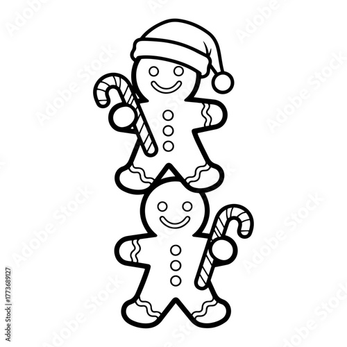 Vector stacked gingerbread men — cute Christmas cookie characters holding candy cane outline illustration