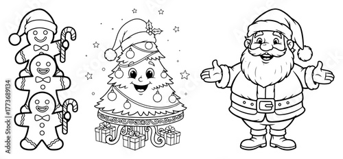 Vector Christmas elements set — decorated tree, gingerbread cookies, Santa character outline illustration