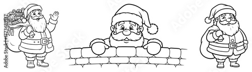 Vector Santa Claus poses set — jolly Christmas Santa with sack of gifts, waving, leaning on chimney, hand-drawn line art holiday illustration