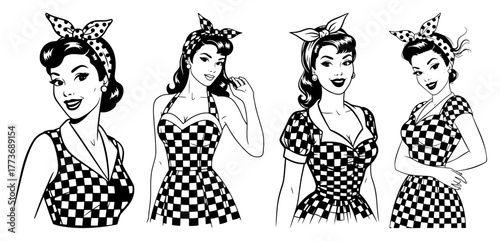 Vector retro pin-up women set — four vintage girls in checkered dresses smiling hand-drawn portrait illustration