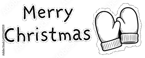 Vector Merry Christmas lettering with cozy mittens — festive winter greeting text and gloves sticker outline illustration