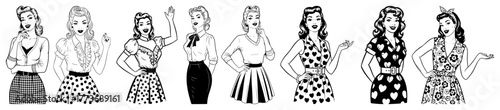 Vector retro women standing set — vintage ladies various poses hand‑drawn outline illustration