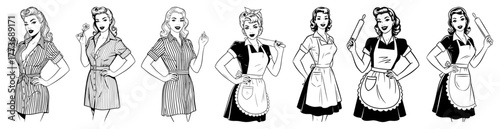Vector retro housewives cooking set — vintage women in aprons holding kitchen tools outline illustration