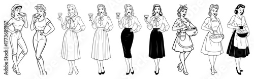 Vector retro women toasting — vintage ladies holding champagne glasses celebratory line art illustration