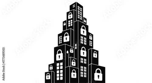 Towering cityscape secured with padlocks, symbolizing data protection and privacy.