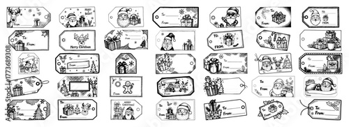 Vector Christmas gift tags set — assorted holiday label designs with Santa, presents and snow outline illustration