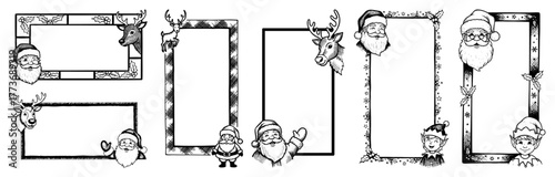 Vector reindeer & Santa holiday frames — festive Christmas borders with Santa Claus and reindeer heads outline illustration