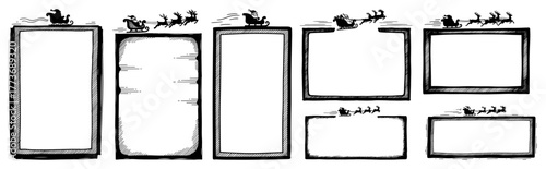 Vector Santa sleigh border frames — classic Christmas rectangular borders with flying Santa and reindeer silhouette line art illustration