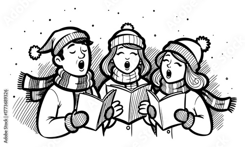 Vector kids Christmas caroling — three children singing holiday songs in winter hats outline illustration
