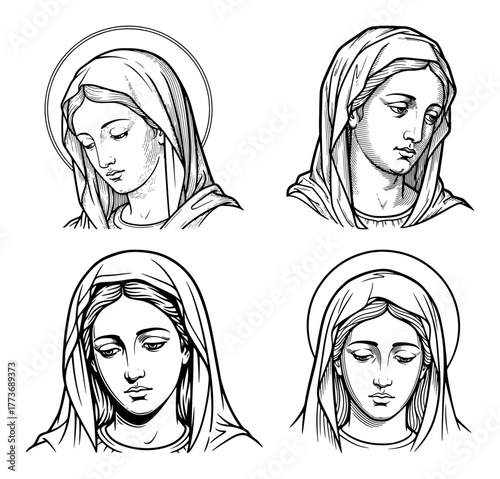 Vector Virgin Mary portraits — sacred Madonna heads set religious line-art illustration