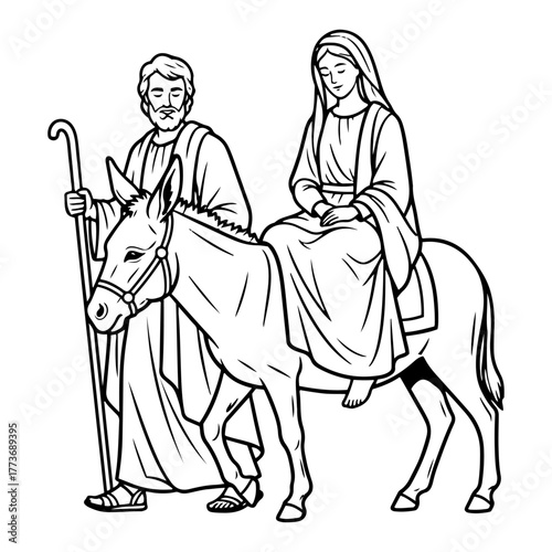 Vector Holy Family Bethlehem journey — Joseph leads donkey with Mary biblical line-art illustration