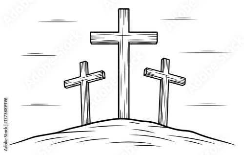 Vector Calvary three crosses — Christian crucifixion hill silhouette outline illustration