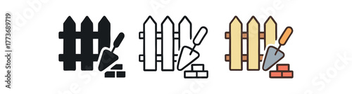 rebuilding boundaries fence icon on white background Black silhouette flat icon outline icon and colored icon style three minimal vector icon style