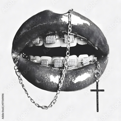 Glossy black lips with diamond grillz and metal chain cross pendant in high fashion monochrome style