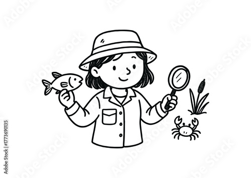 handdrawn cute doodle style estuary biologist vector line illustration