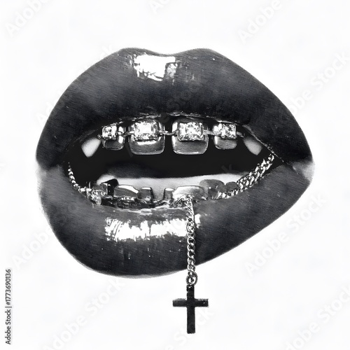 Glossy black lips with diamond grillz and metal chain cross pendant in high fashion monochrome style