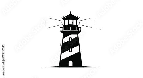 Iconic lighthouse shines its guiding light across the sea on a clear day.