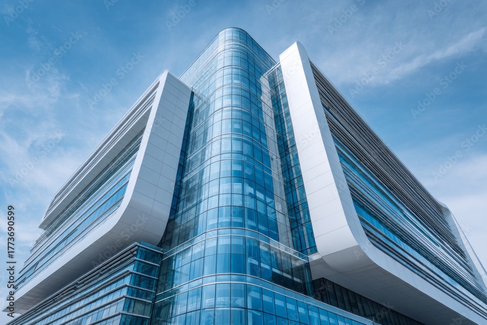 Naklejka premium Modern glass building with curved architecture against blue sky.
