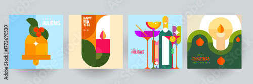 Set background for covers, invitations, posters, banners, flyers, placards. Minimal template design for branding, advertising with holiday christmas composition in mosaic style. Vector illustration.