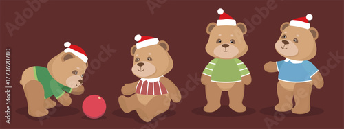 Four plush teddy bears in Christmas sweaters and hats, perfect for holiday decorations and seasonal designs.