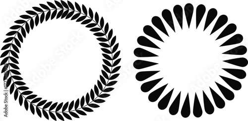 Two circular designs one with leaves and one with teardrop shapes on a white background