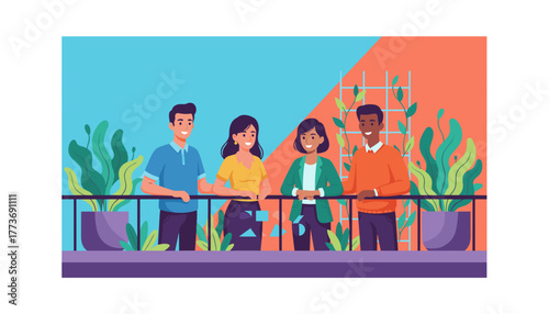 Group of diverse colleagues socializing happily on a green rooftop or balcony break