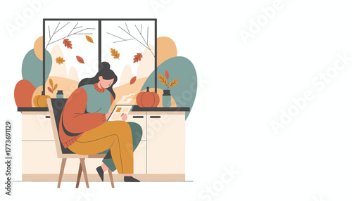 Woman using tablet at home in cozy autumnal setting with pumpkins and falling leaves
