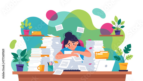 Burnout concept Tired woman drowning in documents overwhelmed by large workload