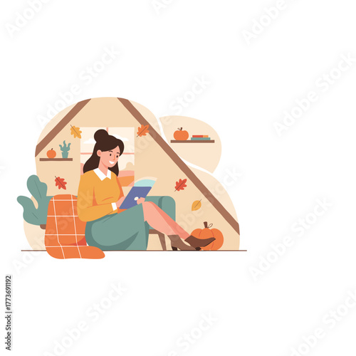 Cozy woman using tablet in a fall attic room Remote work reading or leisure
