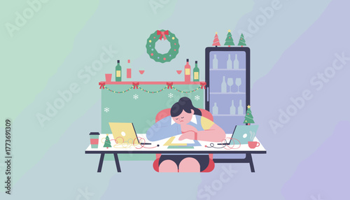 Stressed worker asleep at desk during the festive season Holiday exhaustion and work overload
