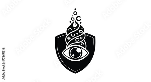 Mystical eye symbol with swirling cosmic elements on a shield, representing vision and protection.