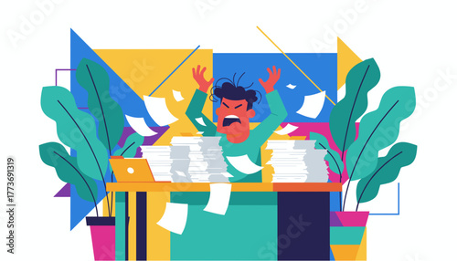 Employee stressed and screaming overwhelmed by massive paper workload at the office desk