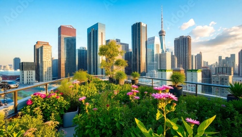 Rooftop garden flourishes against city skyline backdrop