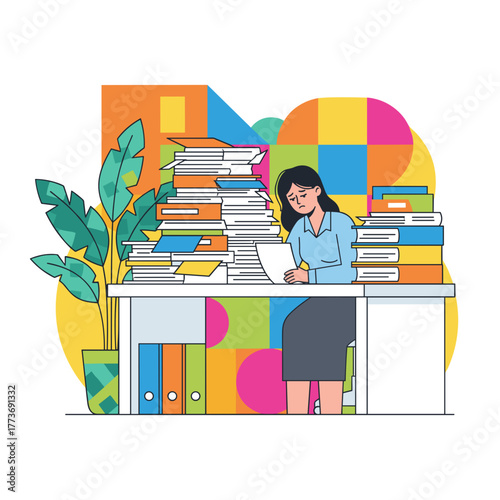 Overwhelmed employee struggling with massive stacks of paperwork illustrating job stress and burnout