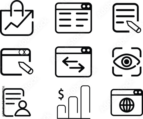 A set of nine black and white line art icons representing various business and web concepts neatly arranged