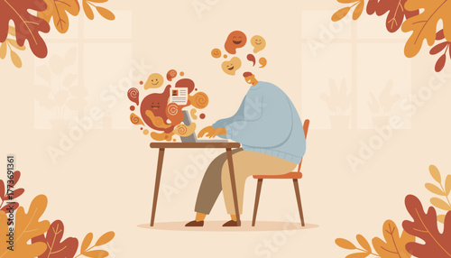 Creative man working on laptop at home generating happy ideas and content in autumn