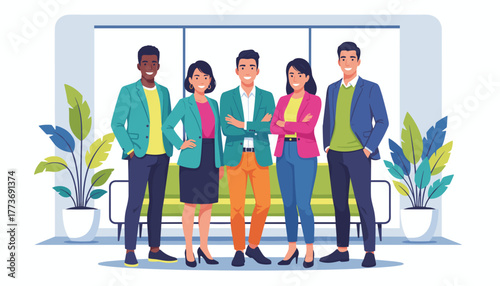 Professional diverse business team standing together in a corporate setting Collaboration and teamwork