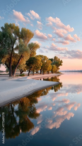 Serene Lakeside Scene With Trees Reflected In Calm Water Under A Cloudy Sky At Sunset