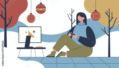 Modern flat design illustration of woman relaxing playing console video games in a cozy winter setting